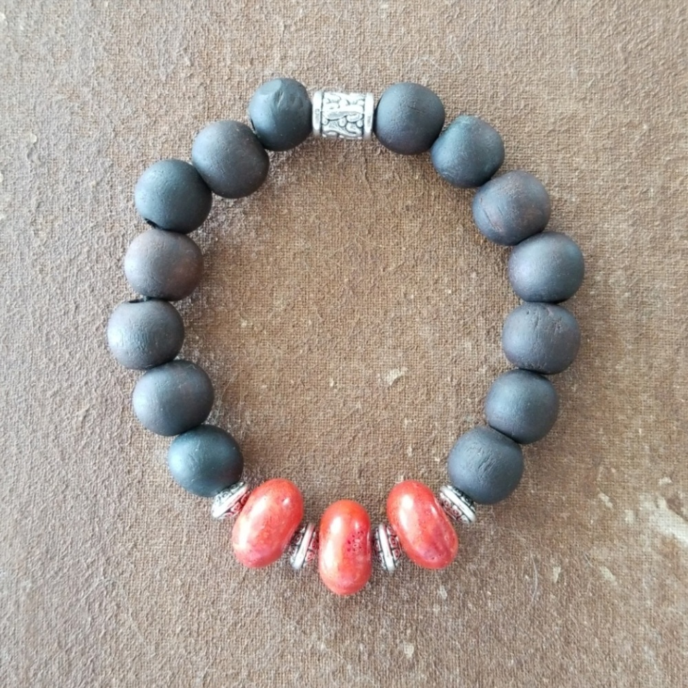 Brown Wooden and Red Stone Beaded Bracelet